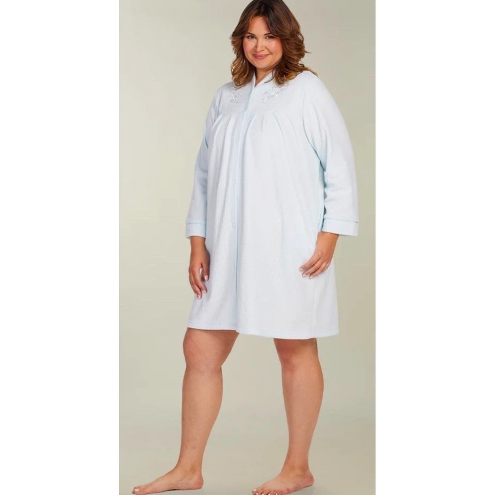 NWT Miss Elaine Brushed Back TERRY Snap House Dress Lounge Robe Blue L Petite